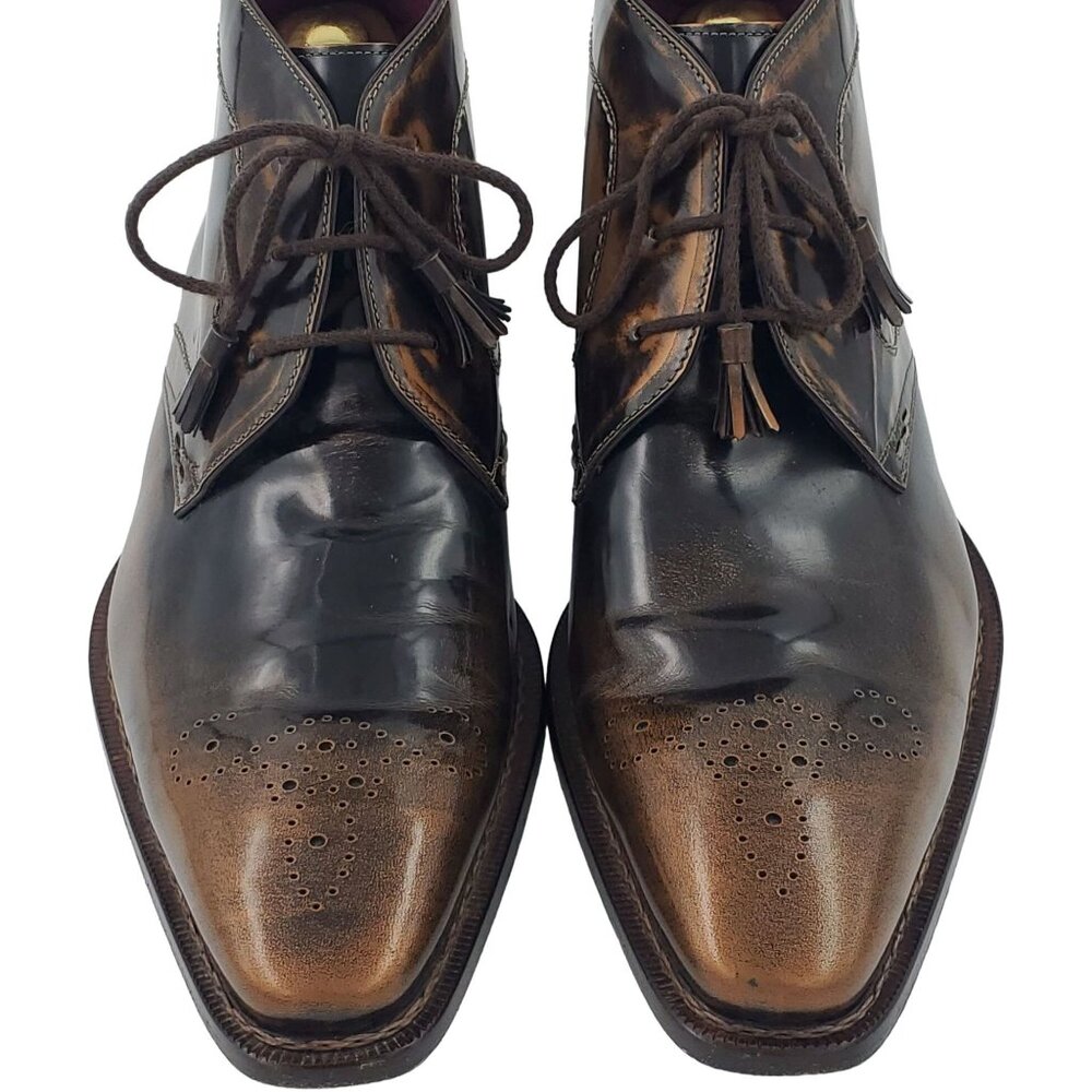 Mezlan Spain Antiqued Brown Gloss Leather Chukka Boots Mens 12 Dress Ankle Shoes - Picture 2 of 13